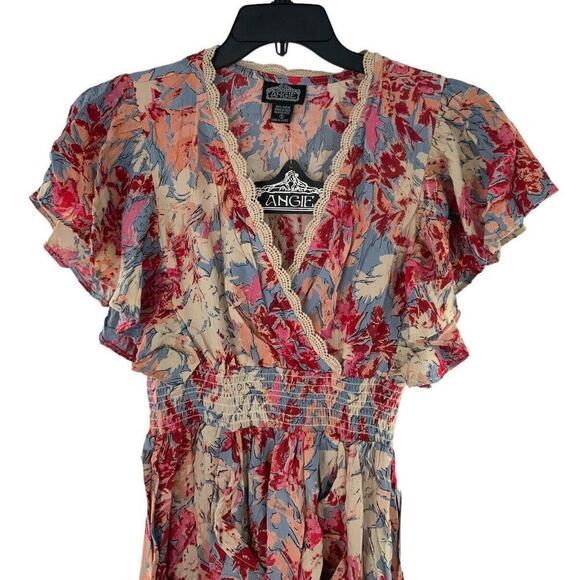 Angie Floral Smocked Waist Flutter Sleeves Boho V-Neck Dress Size Small NEW - Picture 5 of 10